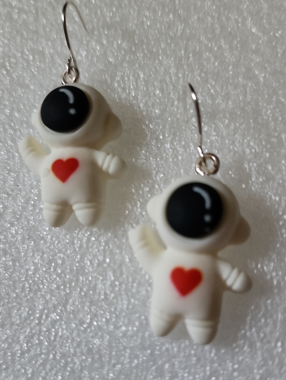 Hand Crafted White Astronaut Dangle Earrings with Red Heart